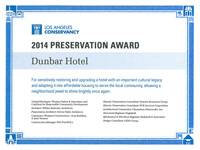 Los Angeles Conservancy - 2014 Preservation Award - 
Dunbar Hotel
