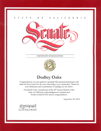 State of California Senate - Certificate of Recognition - 
Dudley Oaks