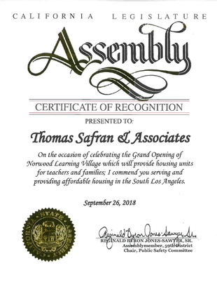 California Legislature Assembly - Certificate of Recognition - 
Thomas Safran & Associates –Norwood Learning Village