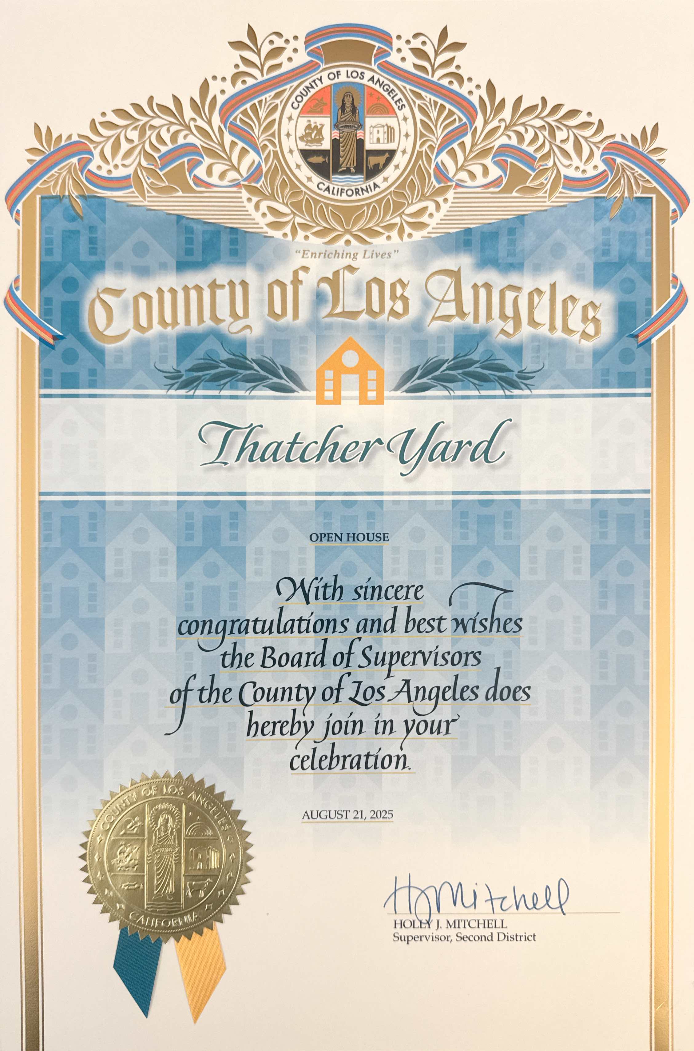 County of Los Angeles - Certificate of Recognition 2025 - 
Thatcher Yard
