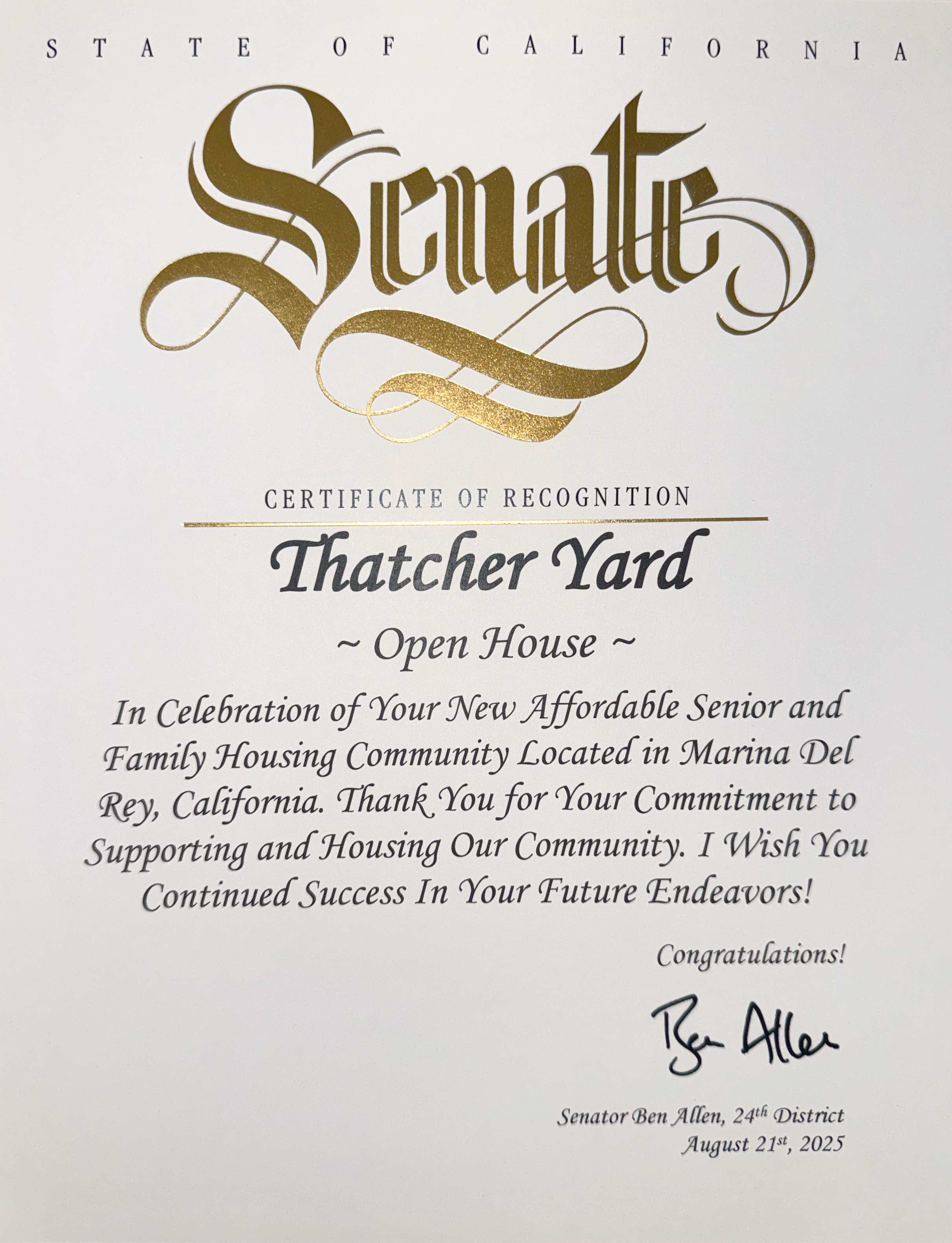 State of California Senate - Certificate of Recognition 2025 - 
Thatcher Yard