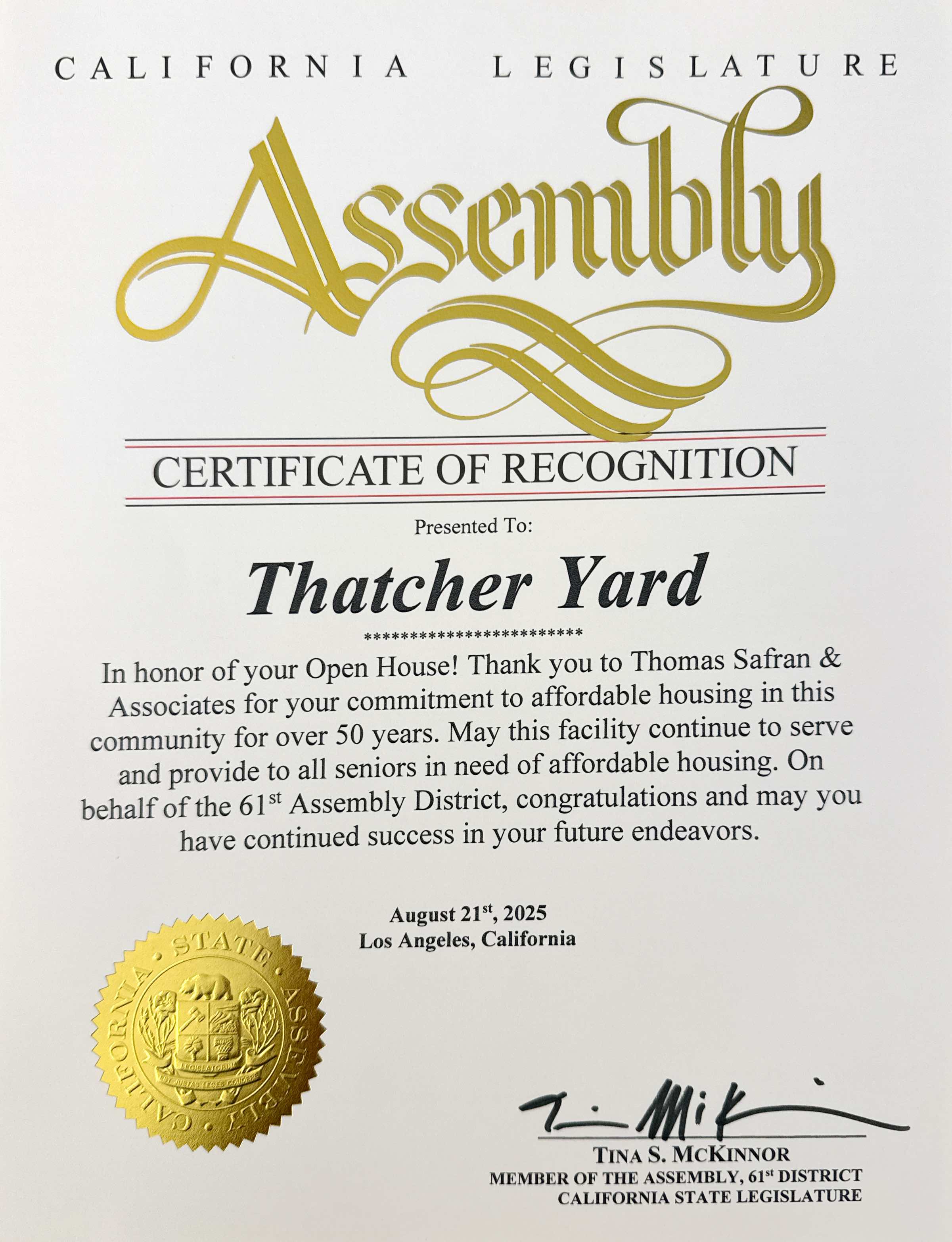 California Legislature Assembly - Certificate of Recognition 2025 - 
Thatcher Yard