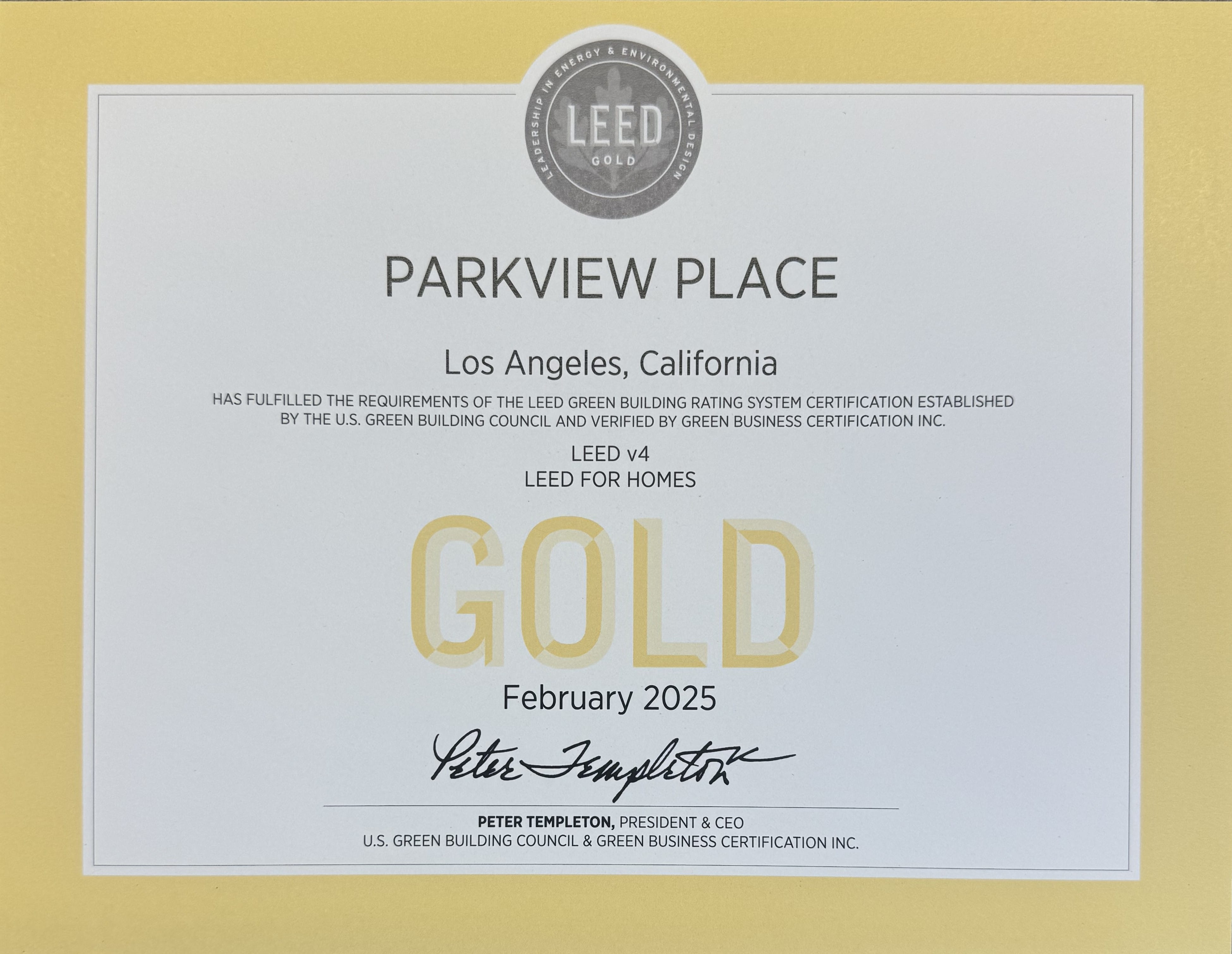 LEED Gold for Homes - Certificate 2025 - 
Parkview Place