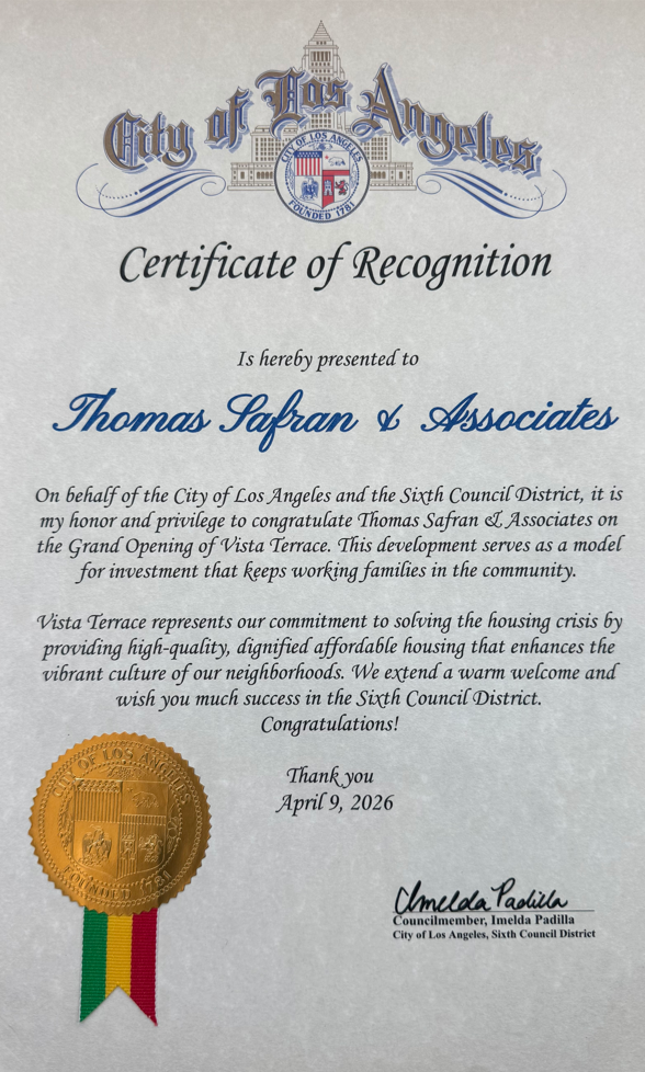 City of Los Angeles - Certificate of Recognition 2026 - 
Vista Terrace